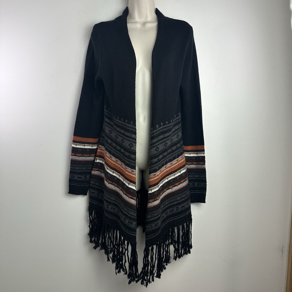 II Two Sisters Southwestern Fringe Open Front Knit‎ Cardigan Long S Angora Blend